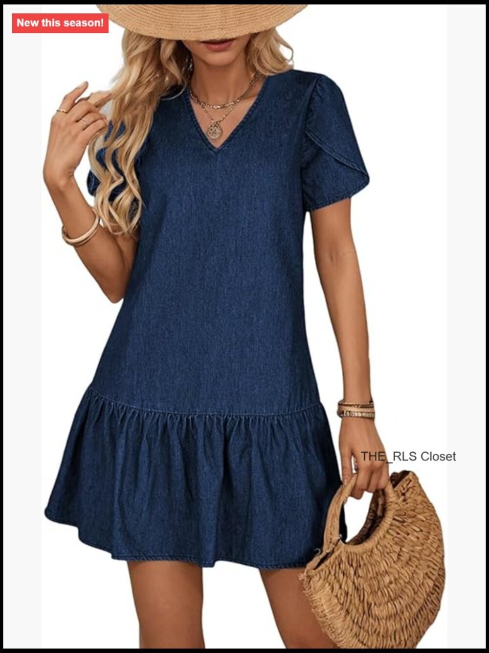 Denim Babydoll Dress Short Sleeve V Neck Ruffle Hem Casual Swing Mini